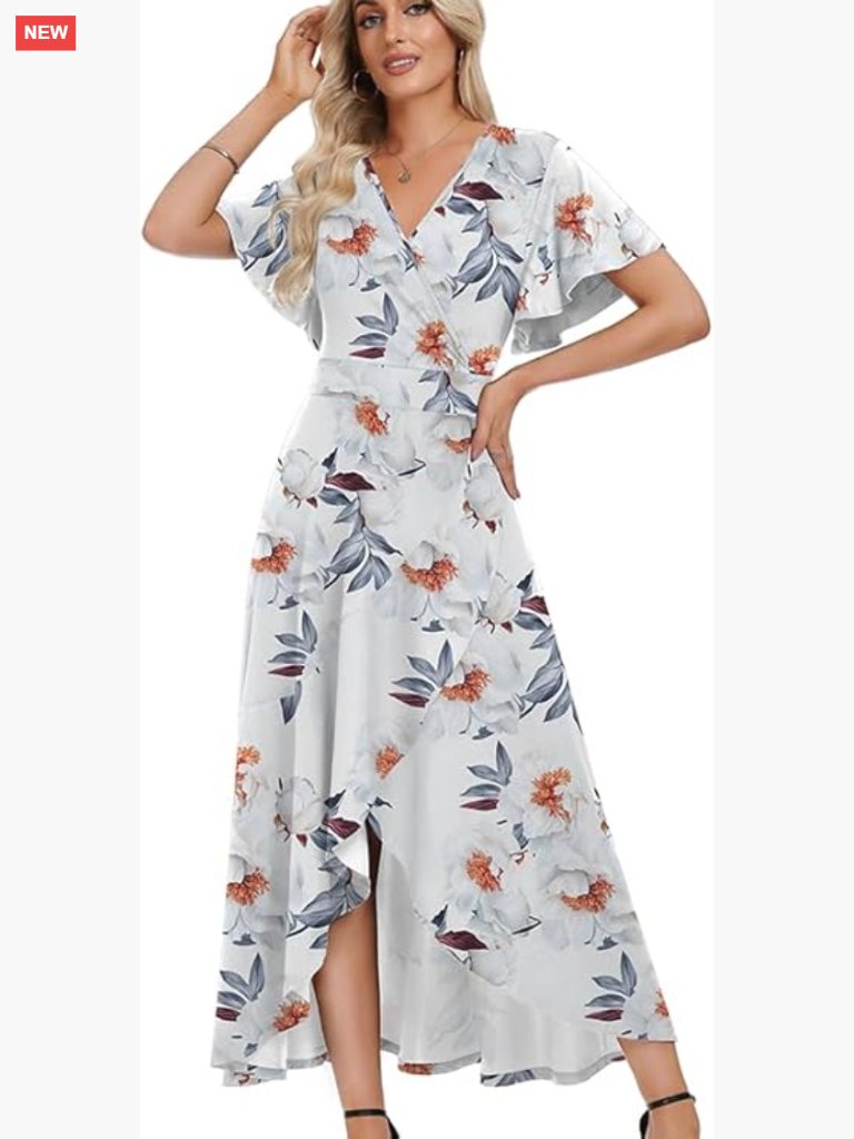 V-Neck Ruffle Sleeve Maxi Dress Split Wrap Formal Casual